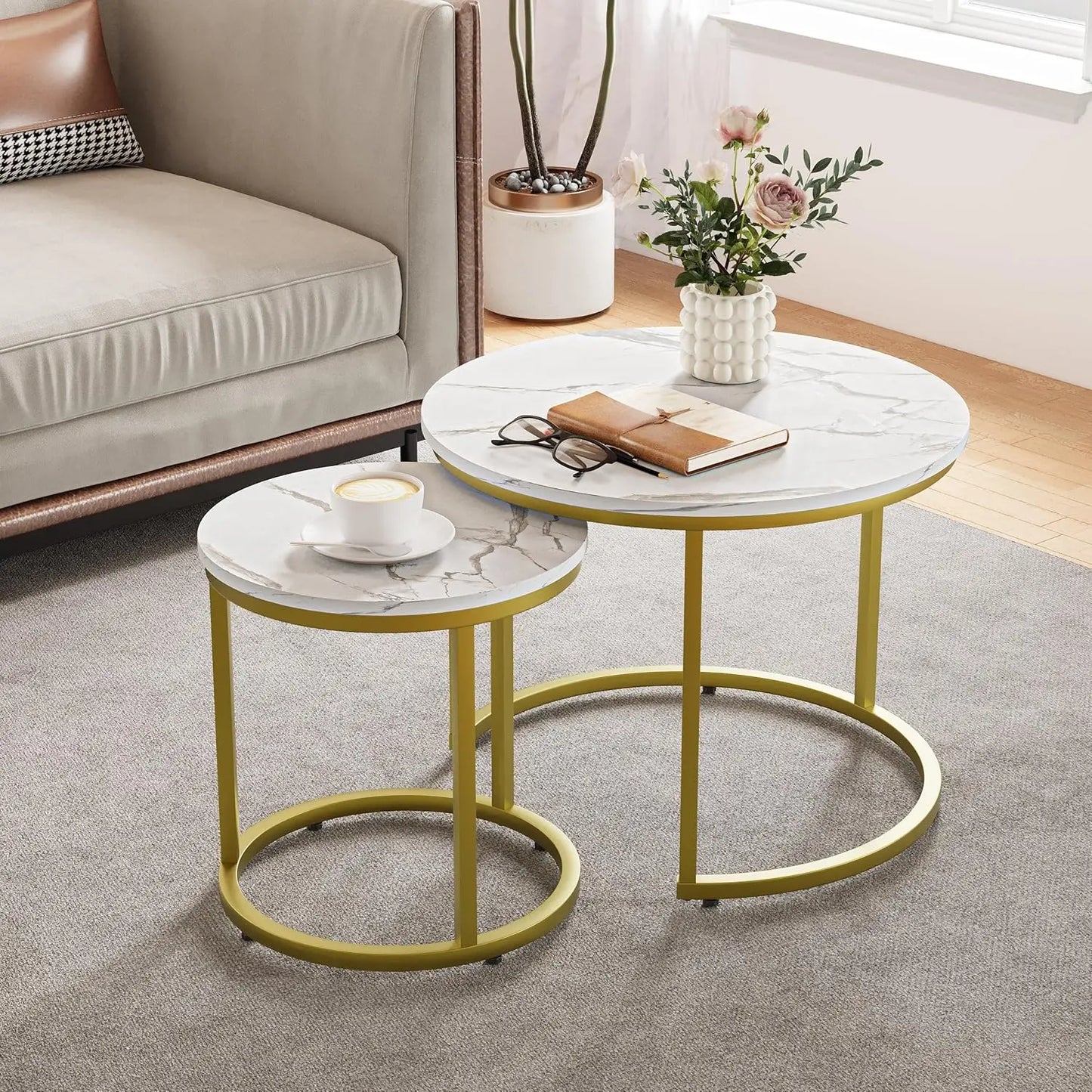 Smuxee White Nesting Coffee Table Set Of 2, 23.6“ Round Coffee Table Wooden Marble Pattern With Adjustable Non-Slip Feet,