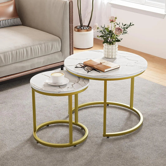 Smuxee White Nesting Coffee Table Set Of 2, 23.6“ Round Coffee Table Wooden Marble Pattern With Adjustable Non-Slip Feet,