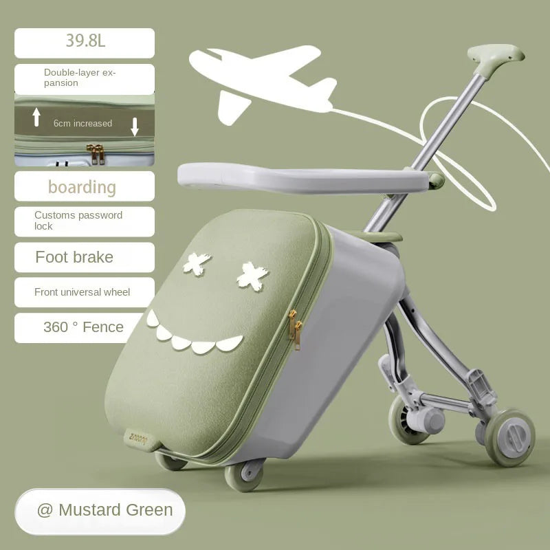 New Children's Luggage Can Sit Ride on Trolley Luggage Foldable Suitcase Brake Wheels Baby Suitcase Trip Cabin Carry-Ons