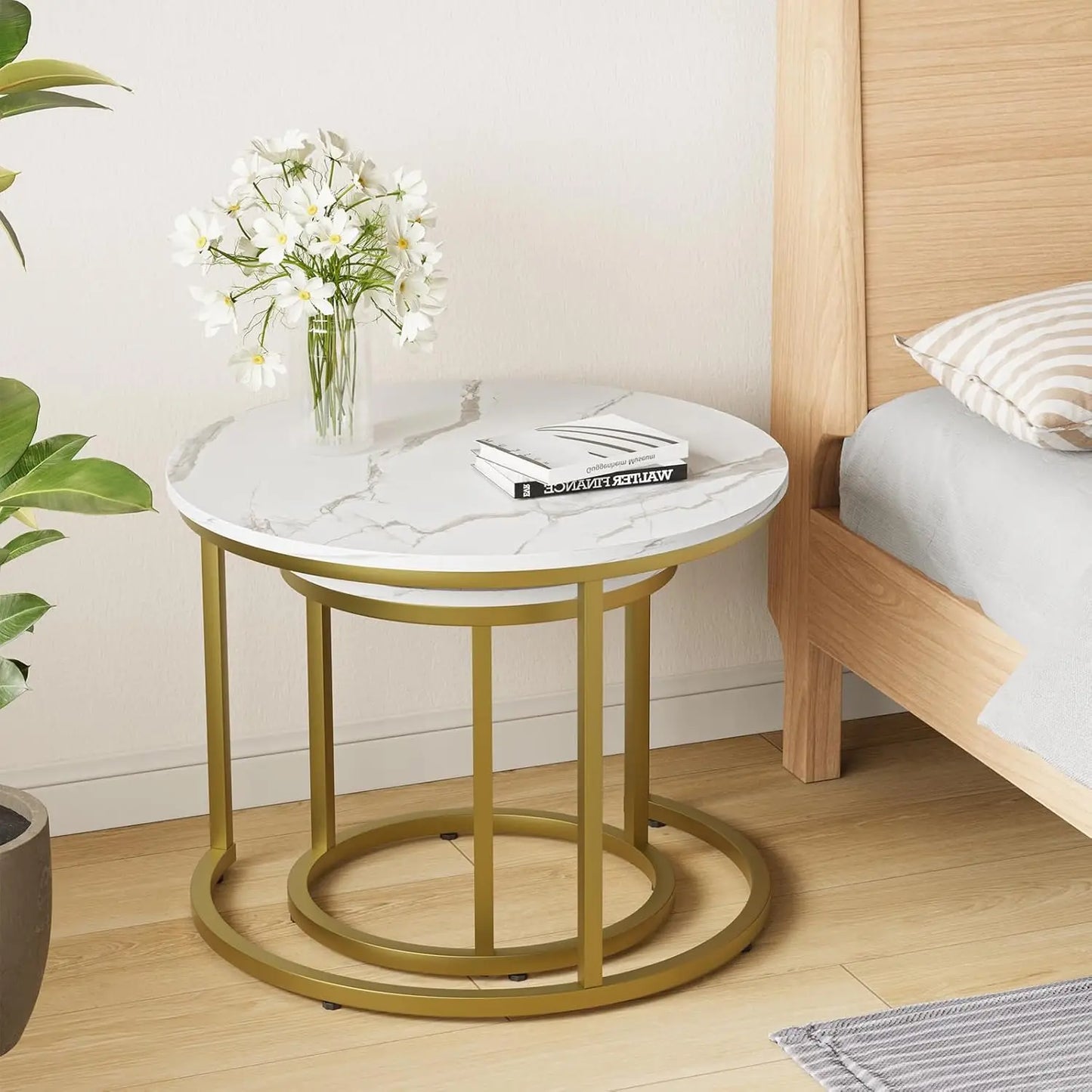 Smuxee White Nesting Coffee Table Set Of 2, 23.6“ Round Coffee Table Wooden Marble Pattern With Adjustable Non-Slip Feet,