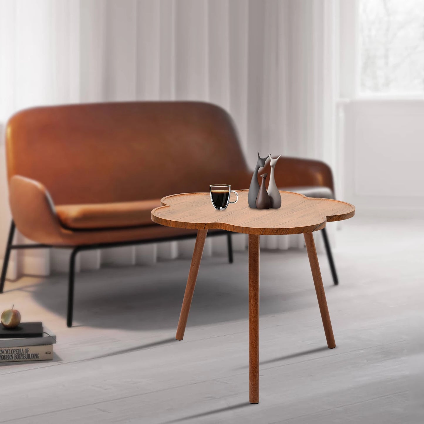 23.6 Inch Wooden Coffee Table Log Color 3 Legs Tea Table Flower Shape Tabletop Small Modern Furniture Living Room&Home Office