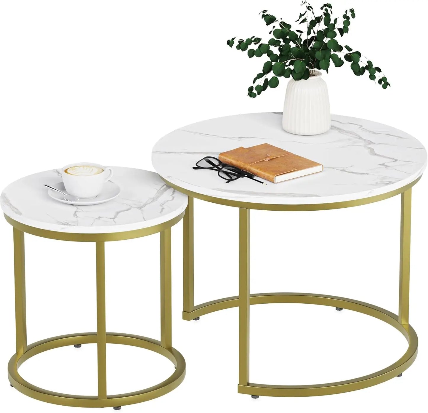 Smuxee White Nesting Coffee Table Set Of 2, 23.6“ Round Coffee Table Wooden Marble Pattern With Adjustable Non-Slip Feet,