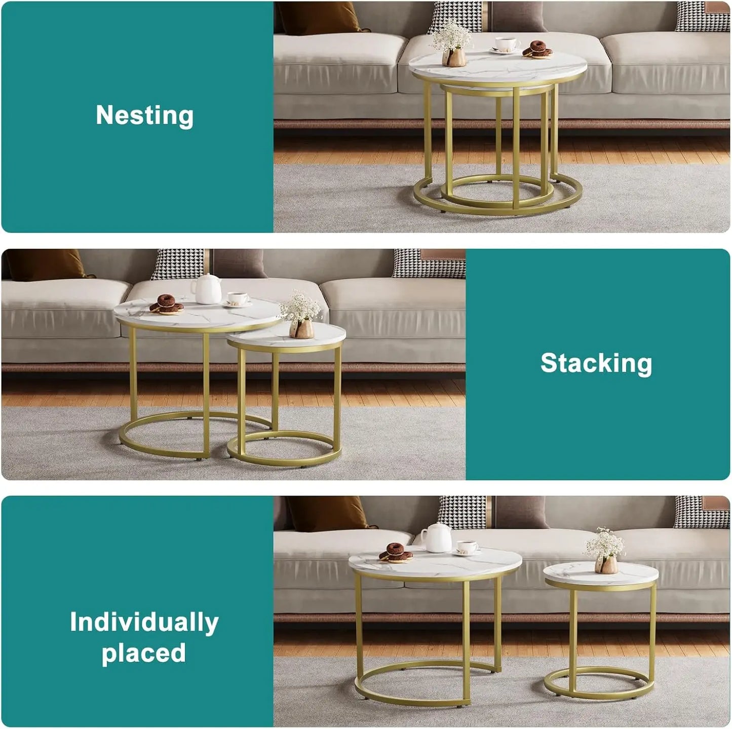 Smuxee White Nesting Coffee Table Set Of 2, 23.6“ Round Coffee Table Wooden Marble Pattern With Adjustable Non-Slip Feet,