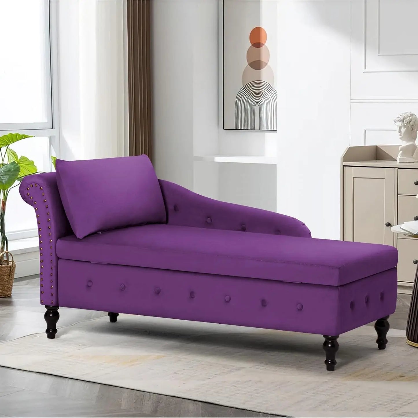 Upholstered Velvet Chaise Lounge w/ Left Armrest & Storage Space,Button Tufted Lounge Chair w/Lumbar Pillow,Modern Lounge Chair