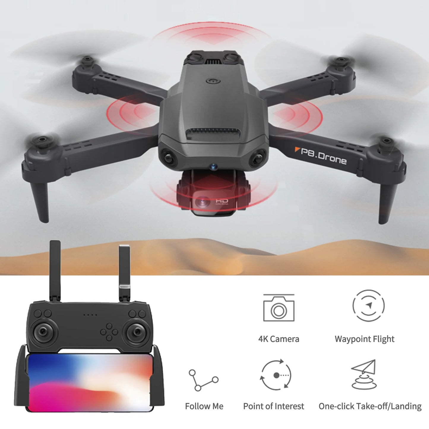 P8 RC Drone with Camera 4K Dual Camera RC Quadcopter with Function 4 Sided Obstacle Avoidance Waypoint Flight Gesture Control
