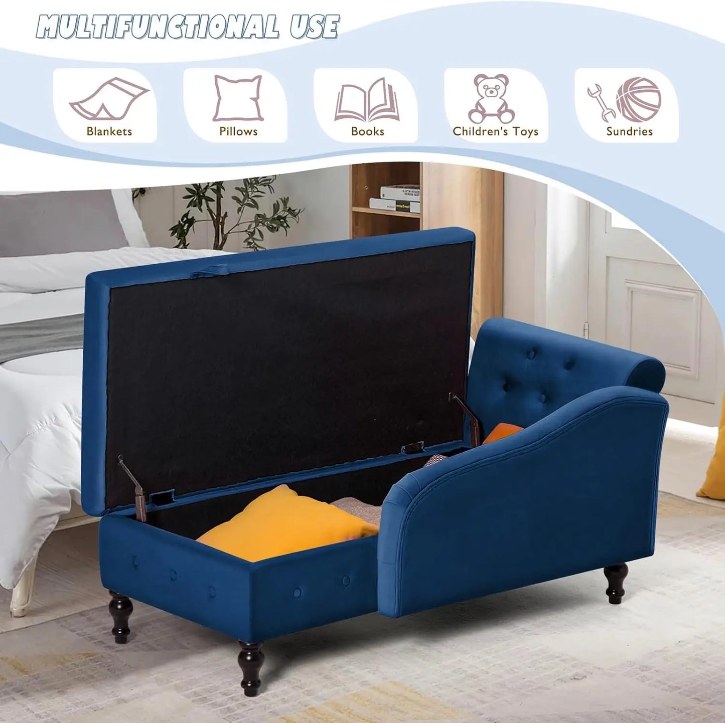 Upholstered Velvet Chaise Lounge w/ Left Armrest & Storage Space,Button Tufted Lounge Chair w/Lumbar Pillow,Modern Lounge Chair