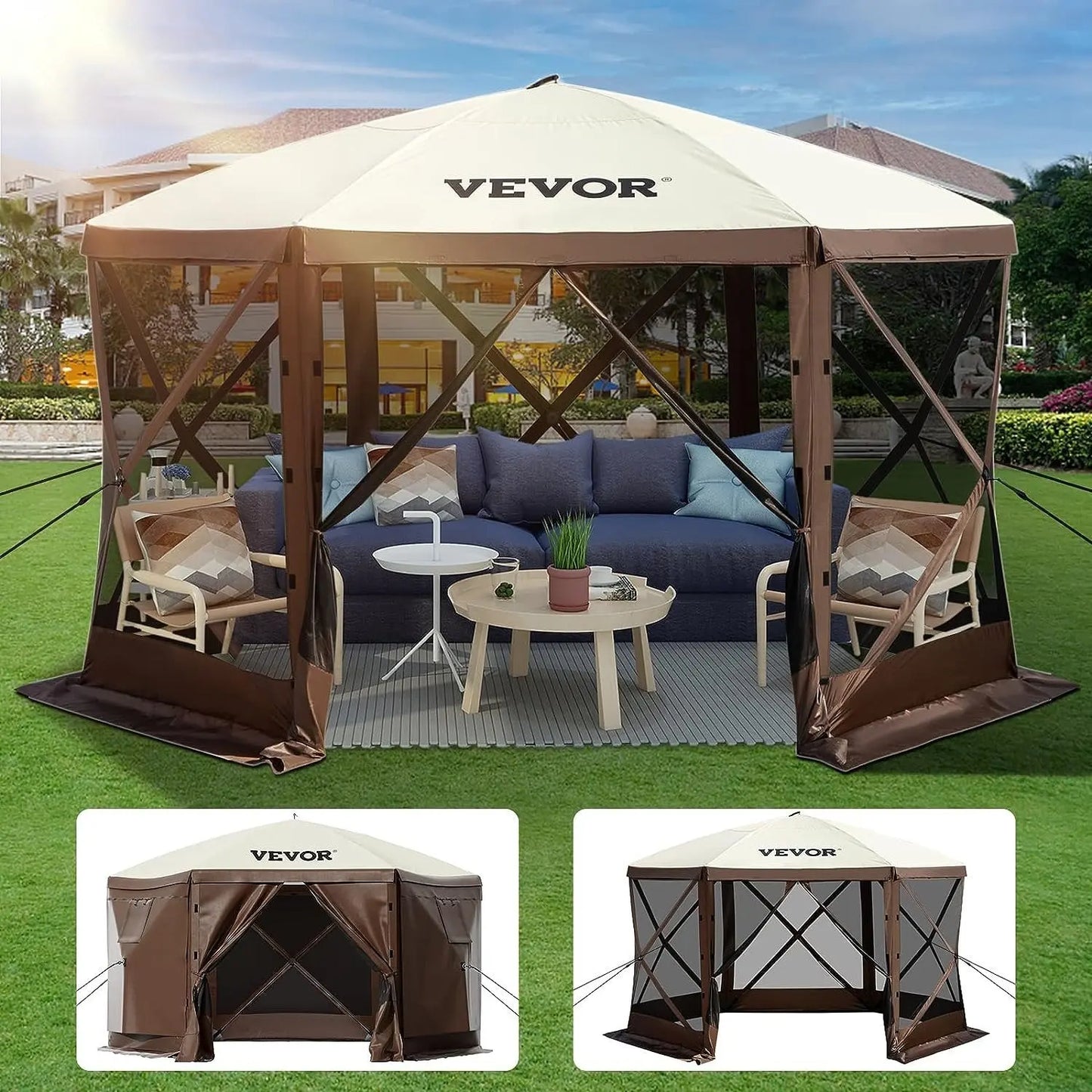 Waterproof Screen Shelter 8 Person Camping 10'x10' w/Portable Storage Bag Camping Gazebo Tent 6 Sided Pop-up Canopy Screen Tent