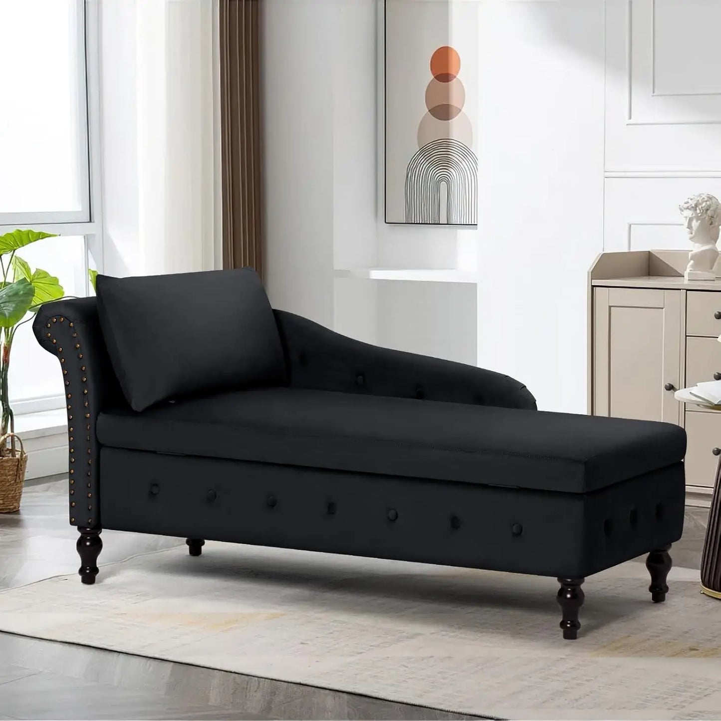 Upholstered Velvet Chaise Lounge w/ Left Armrest & Storage Space,Button Tufted Lounge Chair w/Lumbar Pillow,Modern Lounge Chair