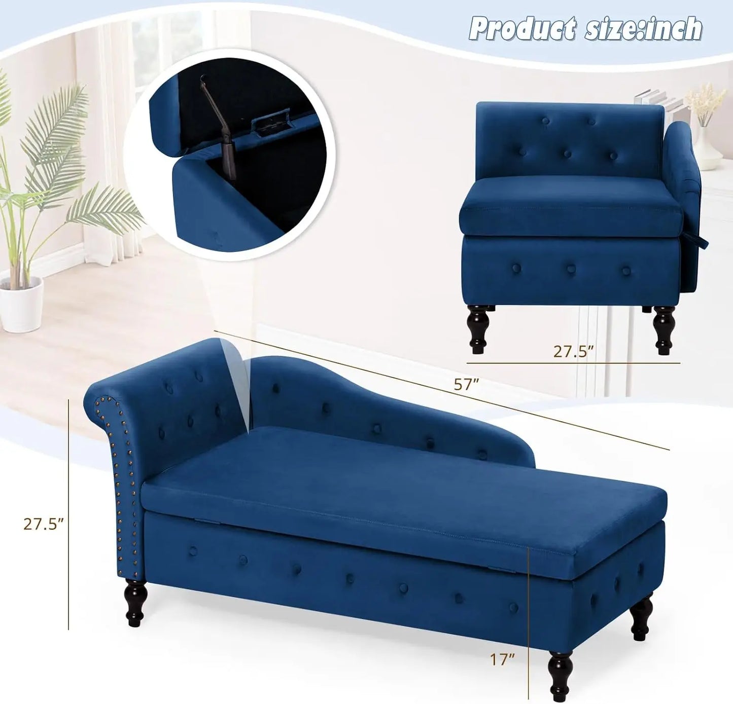 Upholstered Velvet Chaise Lounge w/ Left Armrest & Storage Space,Button Tufted Lounge Chair w/Lumbar Pillow,Modern Lounge Chair