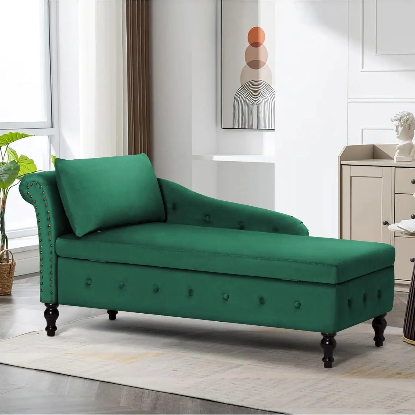 Upholstered Velvet Chaise Lounge w/ Left Armrest & Storage Space,Button Tufted Lounge Chair w/Lumbar Pillow,Modern Lounge Chair