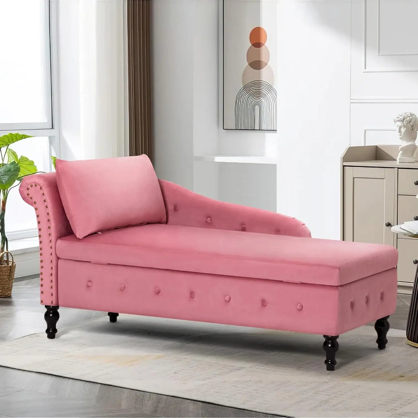 Upholstered Velvet Chaise Lounge w/ Left Armrest & Storage Space,Button Tufted Lounge Chair w/Lumbar Pillow,Modern Lounge Chair