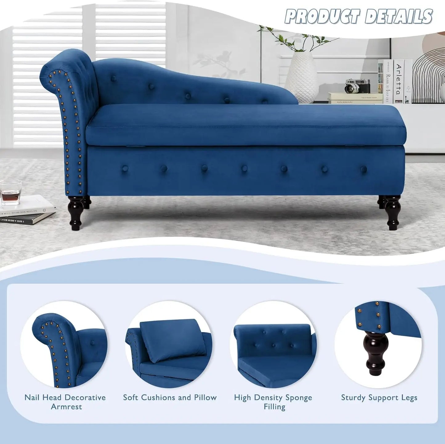Upholstered Velvet Chaise Lounge w/ Left Armrest & Storage Space,Button Tufted Lounge Chair w/Lumbar Pillow,Modern Lounge Chair