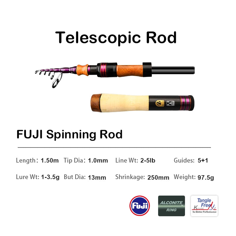 PURELURE 1.50m XUL BFS Telescopic Rod 5ft Travel Rod Trout Spinning Casting Solid Tip Carbon Fishing Rod Small Bait Perch Rod