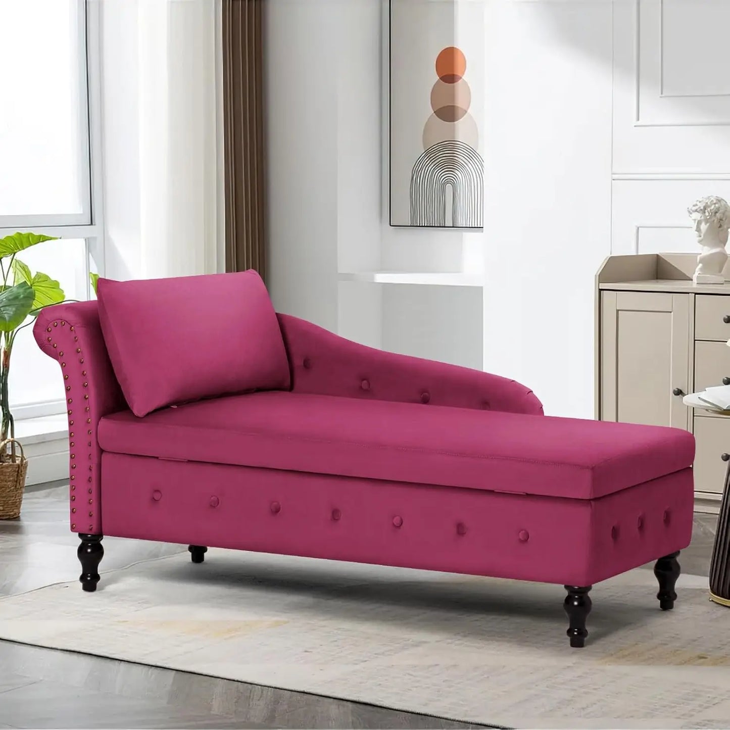 Upholstered Velvet Chaise Lounge w/ Left Armrest & Storage Space,Button Tufted Lounge Chair w/Lumbar Pillow,Modern Lounge Chair