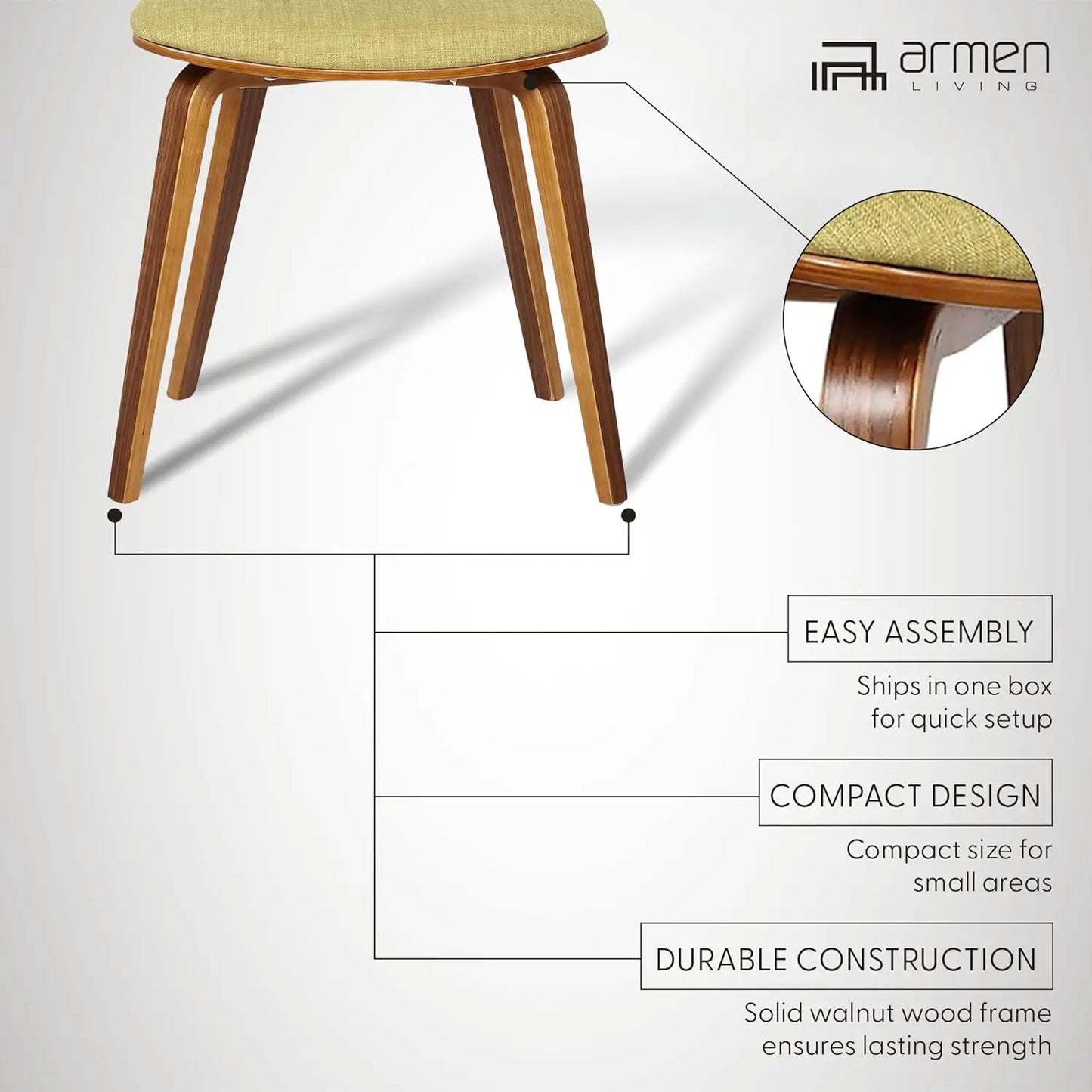 Jaguar Mid  Modern Dining Accent Chair For Kitchen Table Desk Vanity In Green Fabric And Walnut Wood Finish